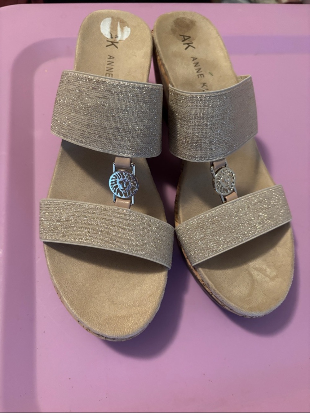 Anne Klein Beige Glitter Two-Band Slide Sandals with Medallion